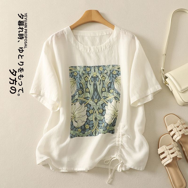 Short Linen Drawstring - 레트로 코튼 린넨 프린트 반팔 티셔츠