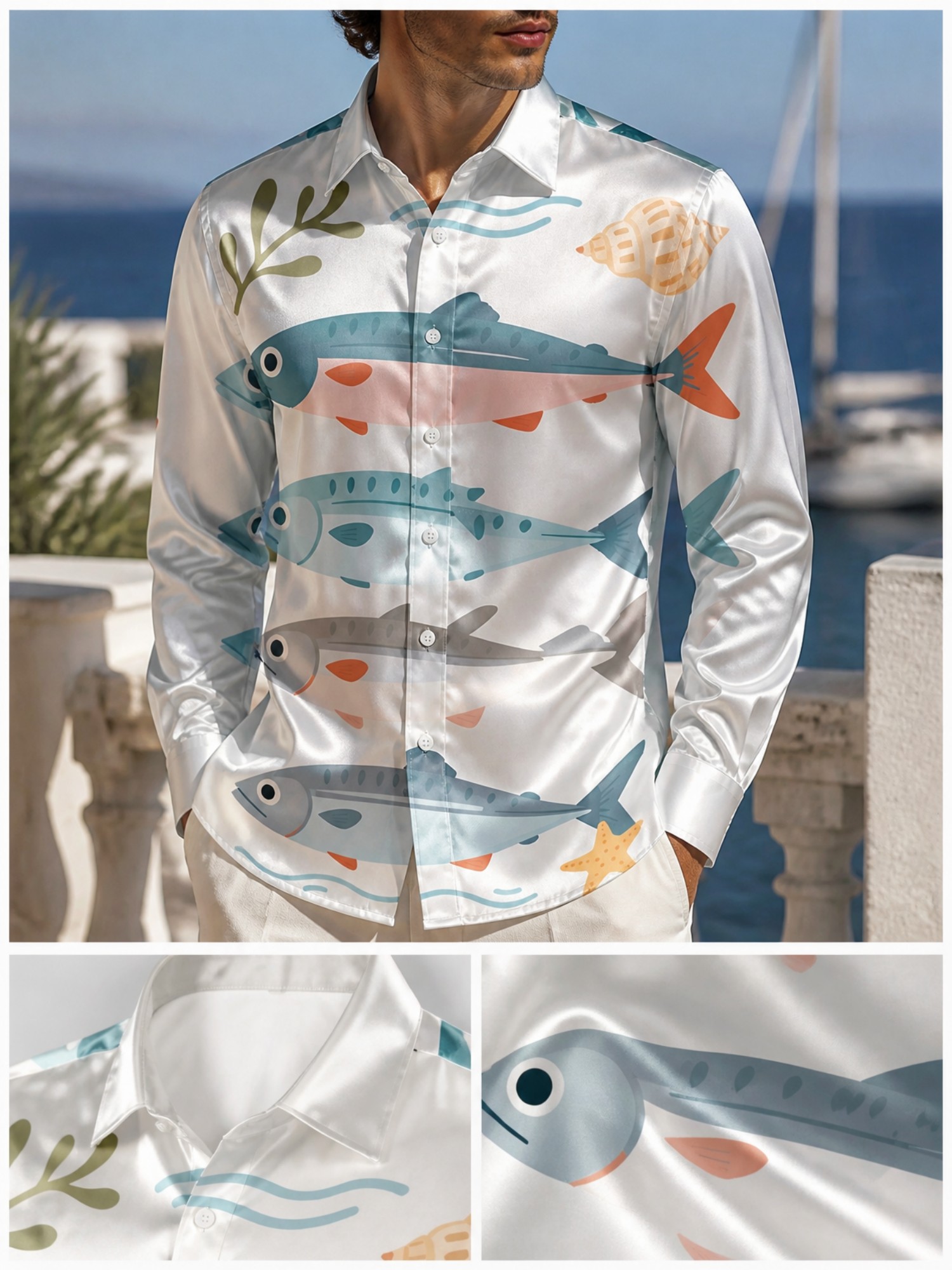 Resort Shirt Floral - 남성용 고급 새틴 긴팔 칼라 셔츠
