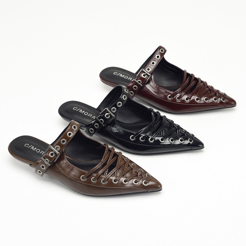 Casual Sandal Leather - 뾰족한 앞코 레이스업 여성 슬리퍼 여름