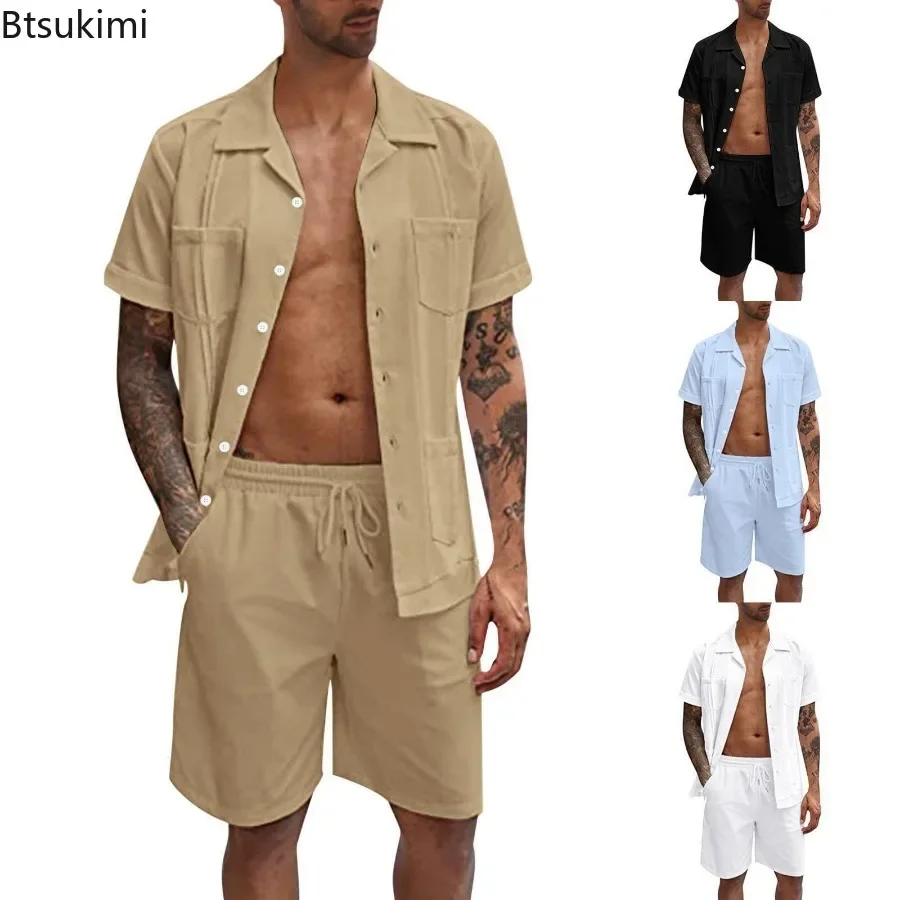 새로운 남성 여름 캐주얼 스포츠 2 조각 세트 패션 코 - Short Linen Drawstring 리뷰 및 가격