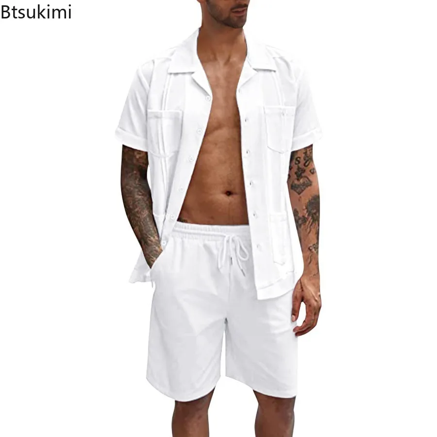 새로운 남성 여름 캐주얼 스포츠 2 조각 세트 패션 코 - Short Linen Drawstring 리뷰 및 가격
