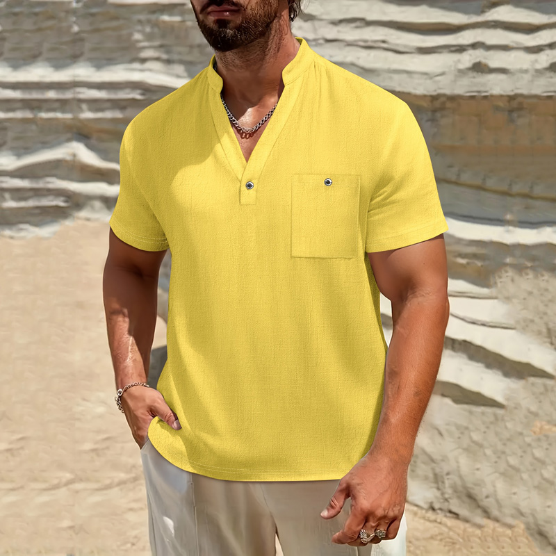 남성 코튼 린넨 헨리넥 셔츠 반팔 밴드 칼라 버튼 가슴 - Linen Shirt Breathable 리뷰 및 가격