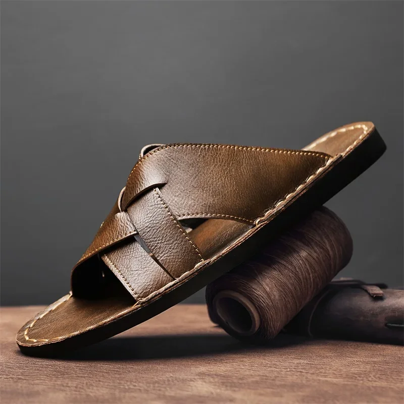 정품 가죽 남성 캐주얼 샌들 여름 남성 슬리퍼 야외 통 - Flip Flop Leather Men 리뷰 및 가격