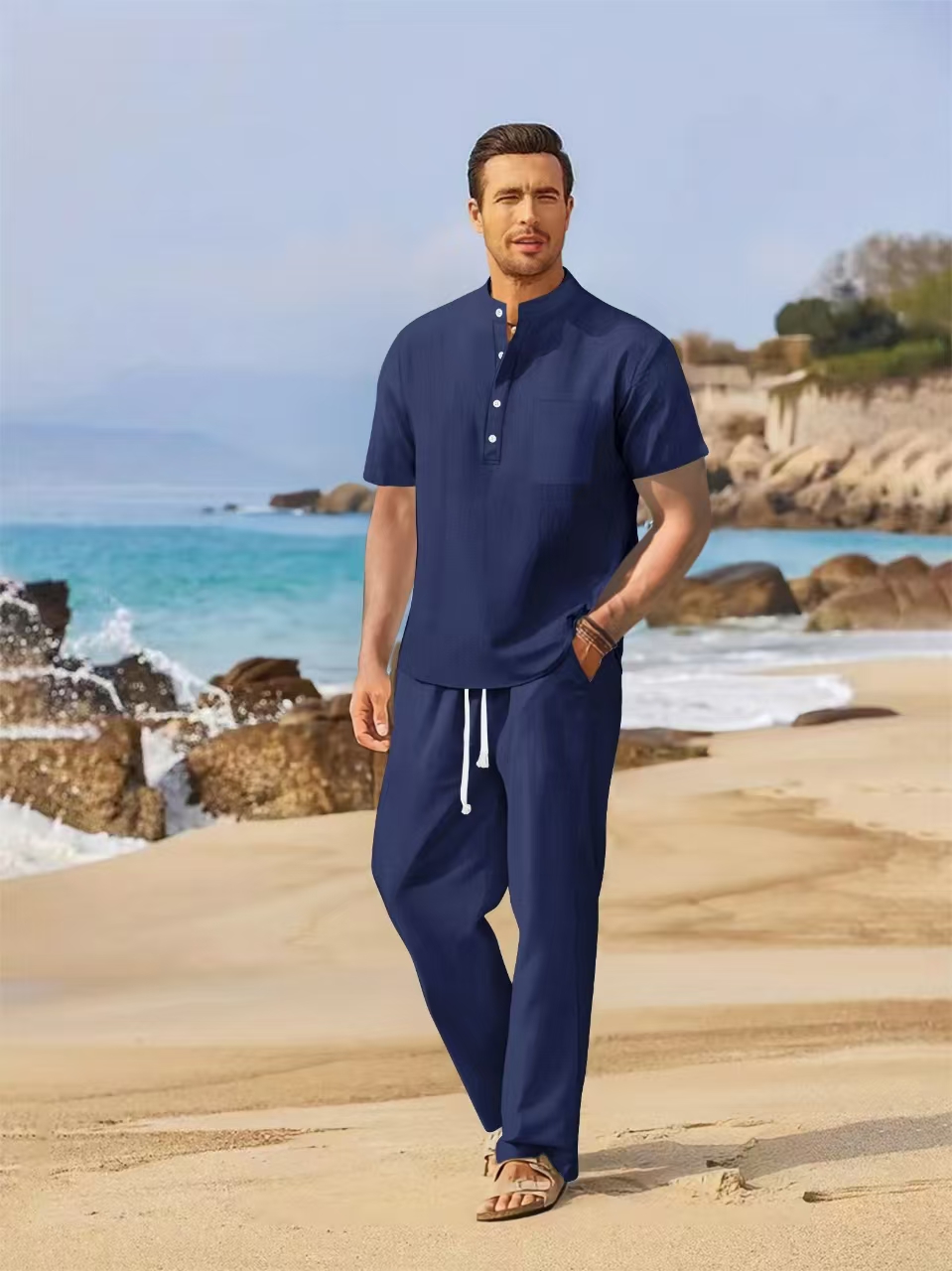 여름 남성 코튼 린넨 세트 캐주얼 헨리넥 반팔 셔츠+루 - Short Linen Drawstring 리뷰 및 가격