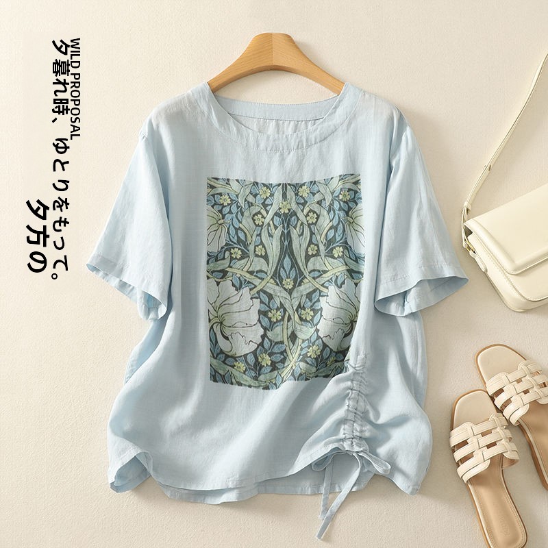 레트로 코튼 린넨 프린트 반팔 티셔츠 여성 여름 개성  - Short Linen Drawstring 리뷰 및 가격