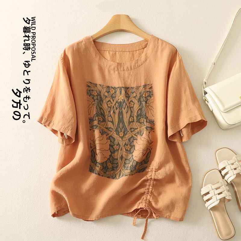 레트로 코튼 린넨 프린트 반팔 티셔츠 여성 여름 개성  - Short Linen Drawstring 리뷰 및 가격