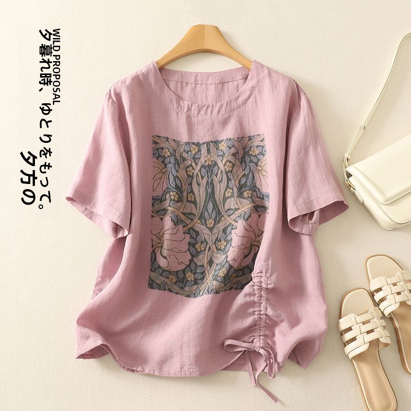 레트로 코튼 린넨 프린트 반팔 티셔츠 여성 여름 개성  - Short Linen Drawstring 리뷰 및 가격