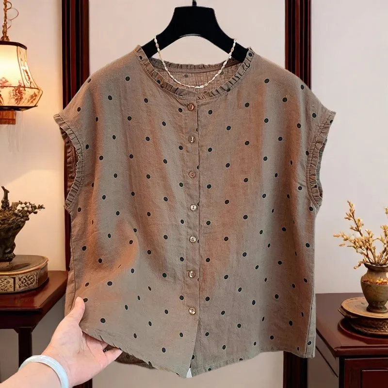 여성용 레트로 폴카 도트 리넨 코튼 블라우스 러플 칼라 - Shirt Camp Collar 리뷰 및 가격
